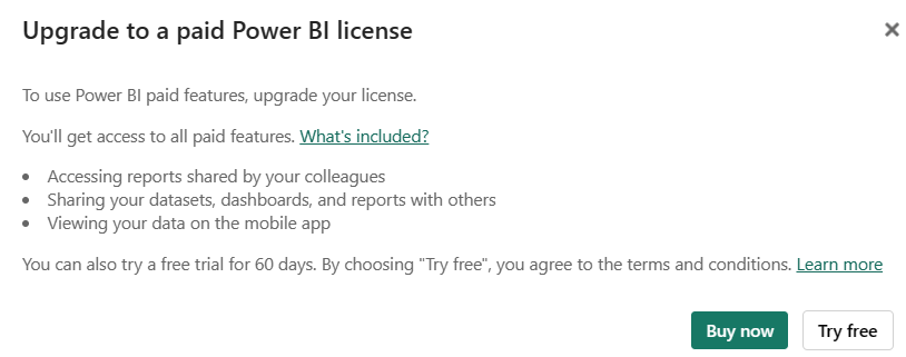 Captura de tela mostrando a caixa de diálogo com a mensagem de Atualização para uma licença paga do Power BI.