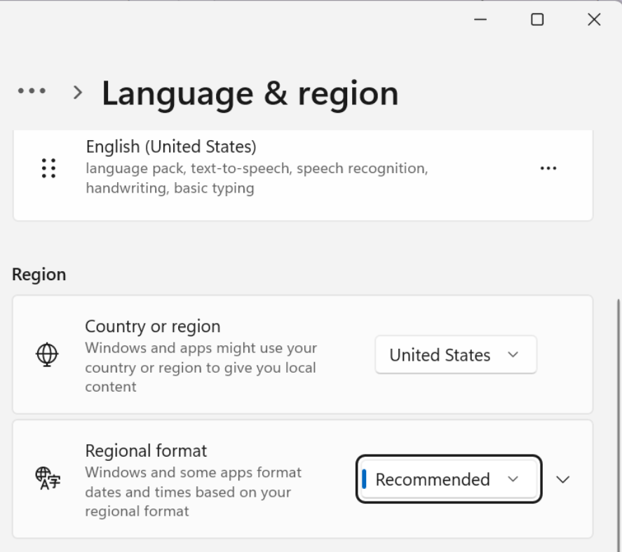 Captura de tela mostrando as configurações adicionais de data, hora e regionais.