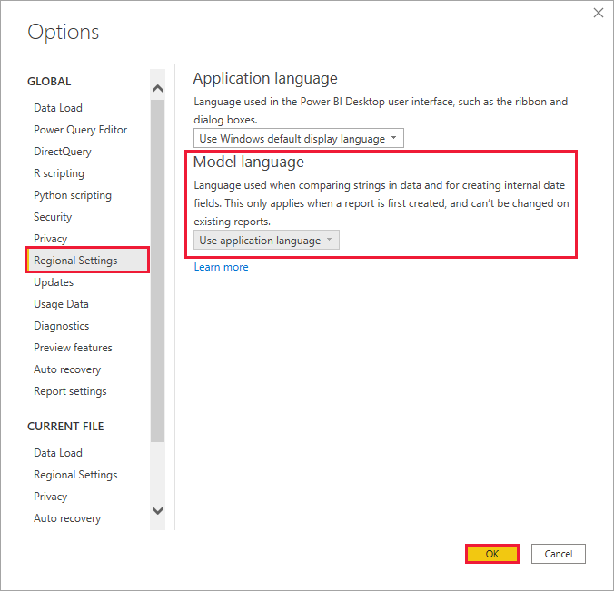 Captura de tela do Power BI Desktop mostrando como definir o idioma do modelo.