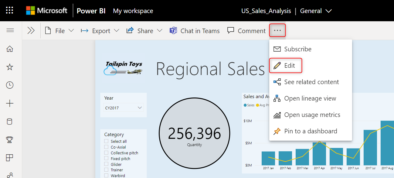 Captura de tela da opção de edição no serviço do Power BI.