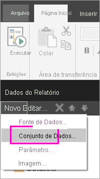 Captura de tela da opção Conjunto de dados no painel Dados do Relatório.