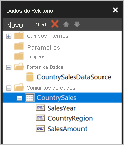 Captura de tela dos Conjuntos de dados no painel Dados do Relatório.