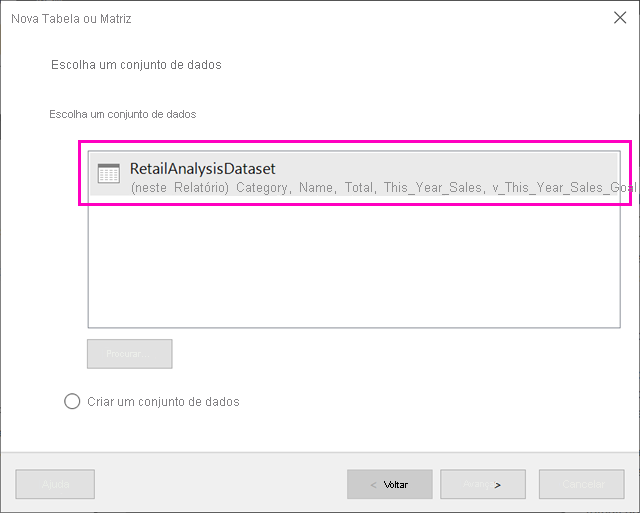 Captura de tela das opções de conjunto de dados no Assistente de Tabela.