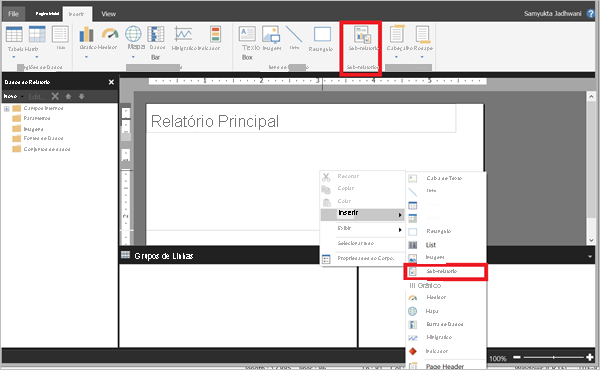 Captura de tela mostrando Inserir um sub-relatório em um relatório.