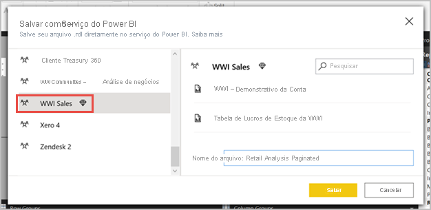 Captura de tela mostrando Salvar como no serviço do Power BI.