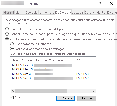 Captura de tela de Relatórios do Power BI mostrando a guia Delegação da janela Propriedades.