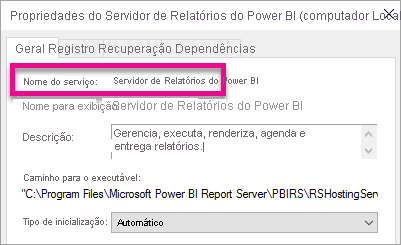 Propriedades do Serviço Windows do Servidor de Relatório