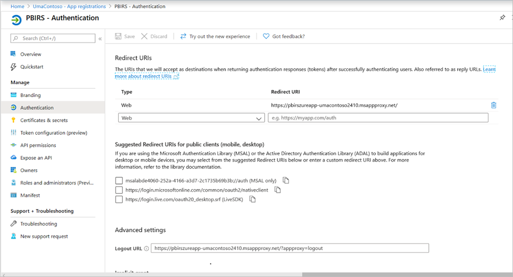 Captura de tela mostrando o painel Autenticação do PBIRS com URIs de Redirecionamento e Configurações avançadas.