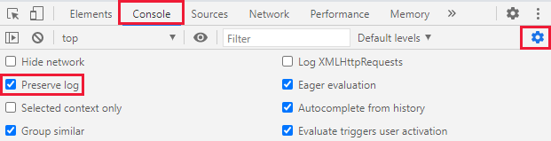 Captura de tela das ferramentas de desenvolvedor do Google Chrome com as guias console e preservar log selecionadas.