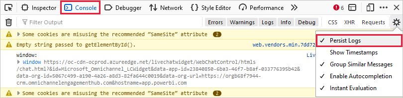 Captura de tela das ferramentas do Inspetor com a guia console e persistir logs selecionados.