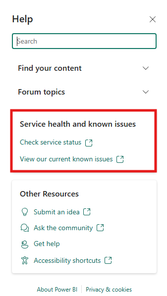Captura de tela de links para status de serviço e problemas conhecidos no Painel de Ajuda.