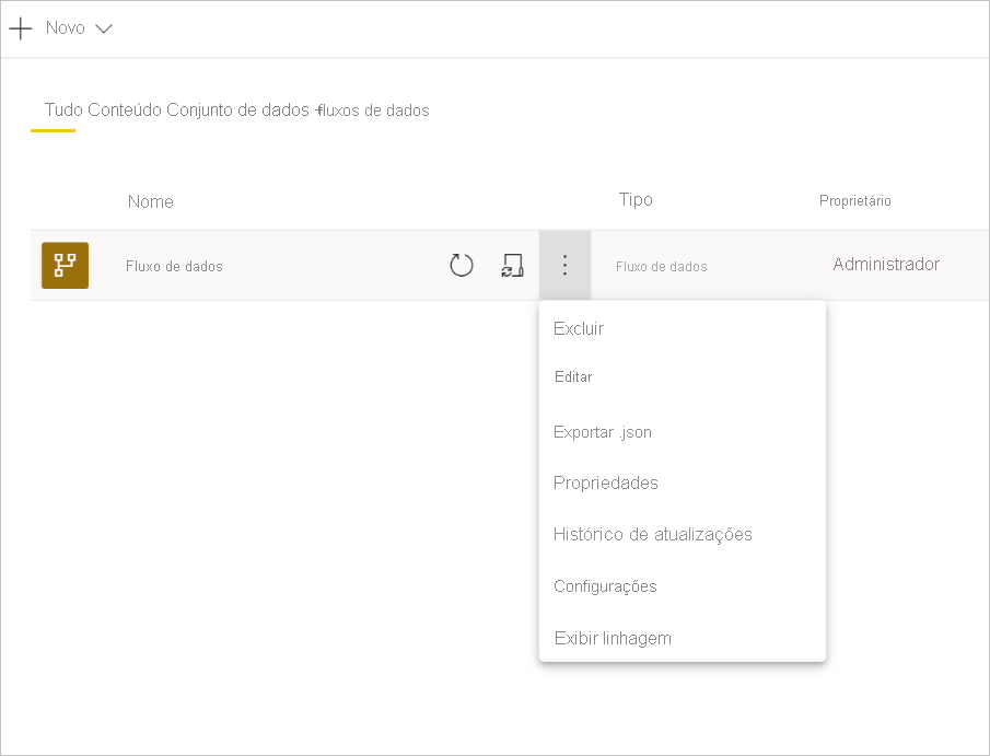 Captura de tela das configurações suspensas de um fluxo de dados do Power BI.