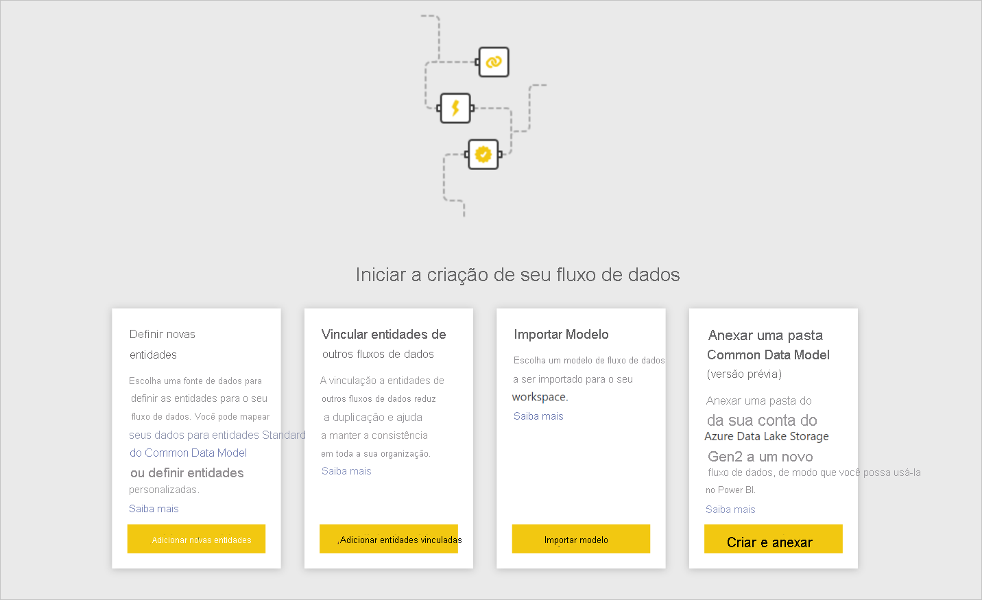 Captura de tela das opções para criar um fluxo de dados.