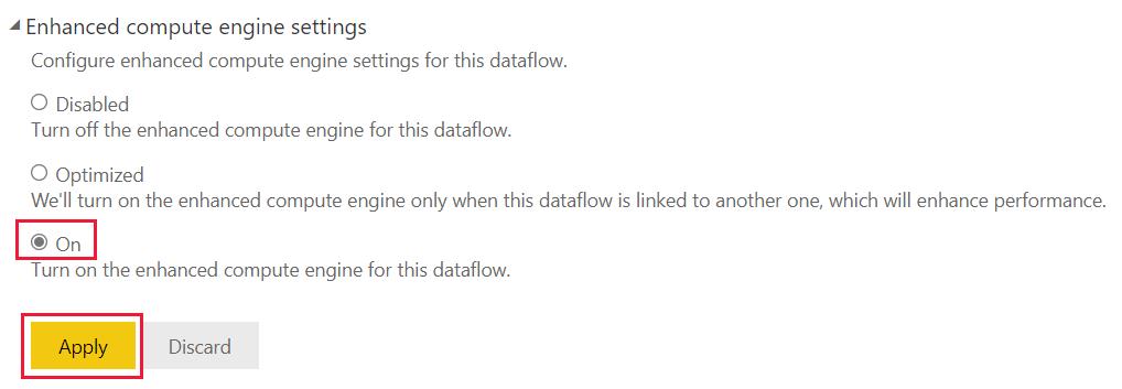 Captura de tela das configurações do mecanismo de computação aprimorado com a opção na seleção ativada e o botão de aplicar realçado.