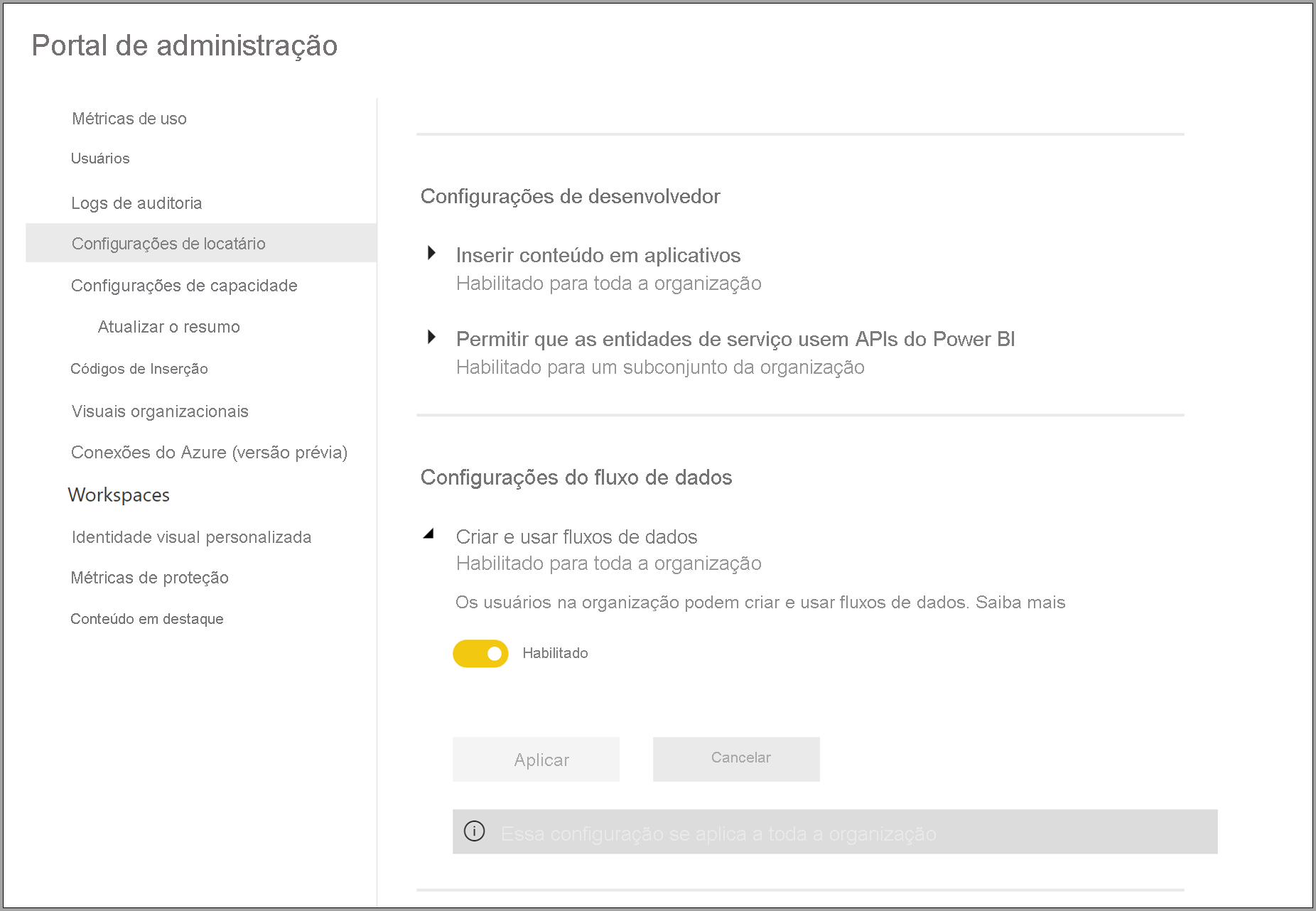 Portal de administração dos fluxos de dados do Power BI Premium