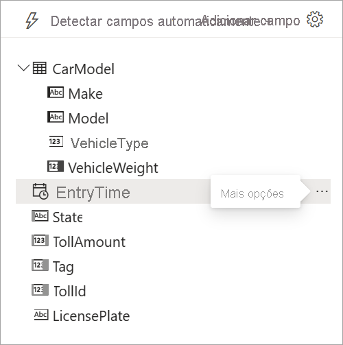 Captura de tela que mostra as opções de dados de entrada, a Data de entrada é selecionada com a dica de ferramenta de mais opções exibida.