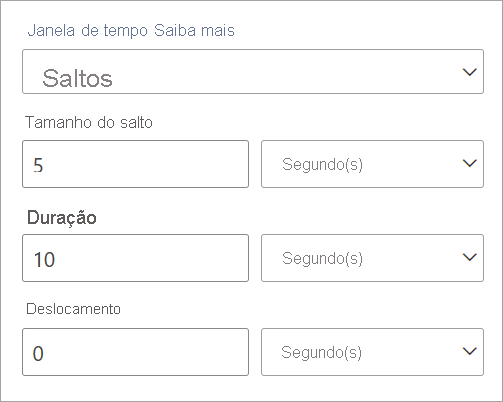 Captura de tela que mostra as configurações de tamanho de salto, duração e deslocamento de uma janela de tempo de salto.