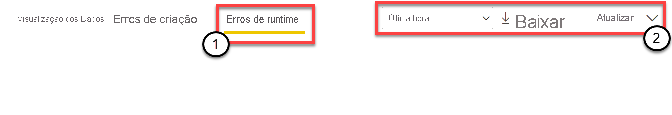 Captura de tela que mostra a guia para erros de tempo de execução, juntamente com opções para filtragem, download e atualização.