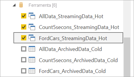 Captura de tela que mostra tabelas de saída frequente selecionadas para fluxos de dados de streaming no Power BI Desktop.