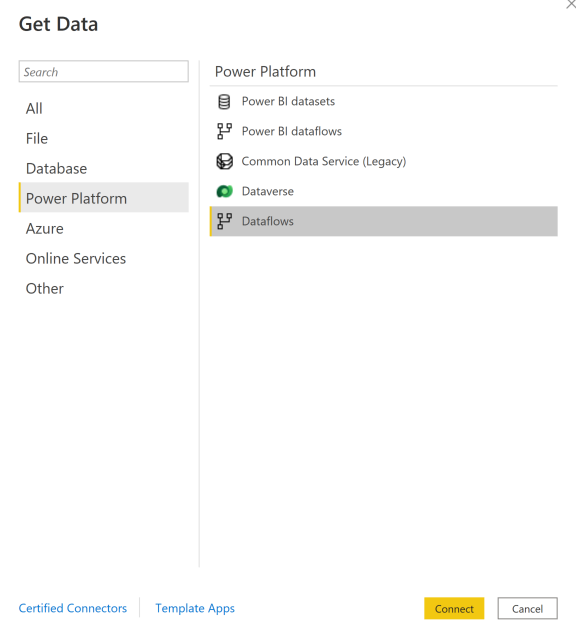 Captura de tela da janela Obter Dados, o Power Platform está selecionado no painel de navegação e os Fluxos de dados estão realçados no painel principal.