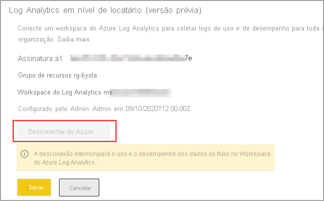 Captura de tela do aviso de desconexão no painel de configurações.