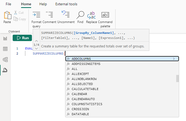 Captura de tela do intellisense do editor de consultas DAX.