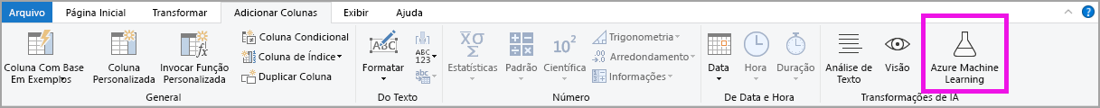 Screenshot shows the Azure Machine Learning button in the Power Query Editor.