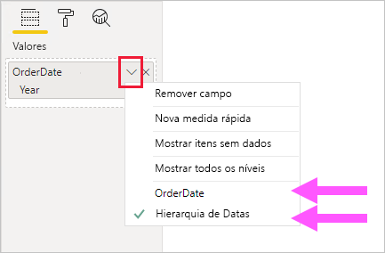 Captura de tela mostrando o exemplo de uma configuração de campo visual para a hierarquia OrderDate.