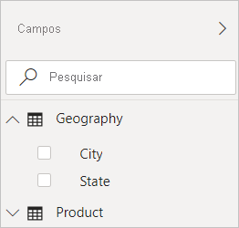 Captura de tela do Power BI Desktop mostrando o filtro Geography na exibição Campos.