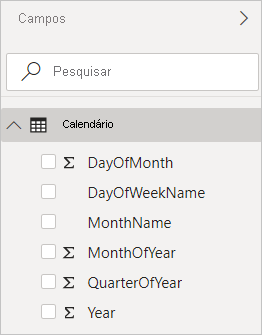 Captura de tela do Power BI Desktop mostrando colunas calculadas na exibição Campos.