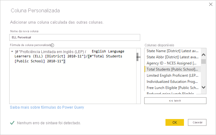 Screenshot of the Custom Column Dialog box showing an example formula.