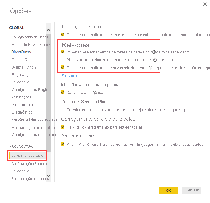 Captura de tela da caixa Opções mostrando as Configurações de relações na guia Carregamento de Dados.