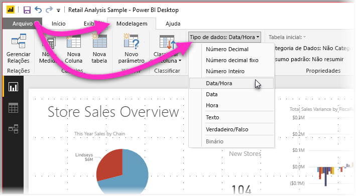 Captura de tela do Power BI Desktop mostrando a guia Modelagem com o filtro Tipo de Dados selecionado.