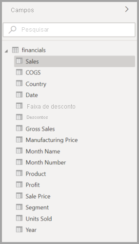 Screenshot of the original Model view Fields list in Power BI Desktop.