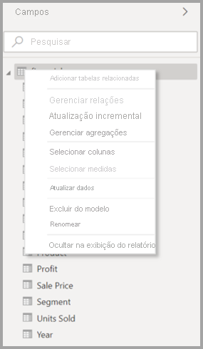 Screenshot of the original context menu for a table in Power BI Desktop.