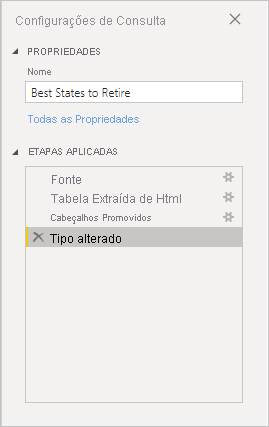 Captura de tela do Power BI Desktop mostrando as Configurações de Consulta no painel direito.