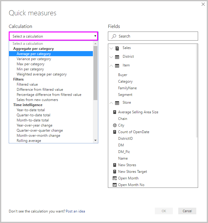 Captura da tela Medidas rápidas e do menu suspenso Selecionar um cálculo.