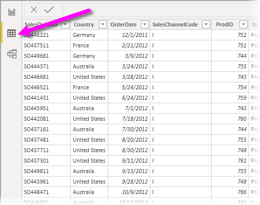 Screenshot highlighting the Data view icon.