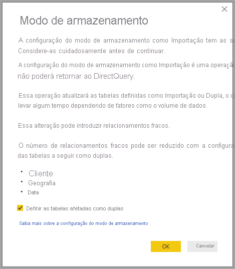 Captura de tela mostrando uma janela de aviso que descreve os resultados da alteração do modo de armazenamento para Importação.