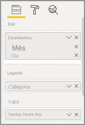 Captura de tela mostrando os campos de Dados selecionados e os campos modificados na Visualização do gráfico de faixa de opções.