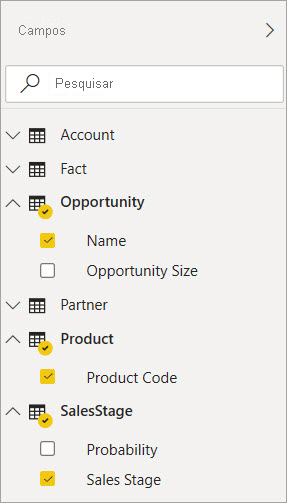 Captura de tela mostrando a seleção dos campos Nome, Código do produto e Estágio de vendas.