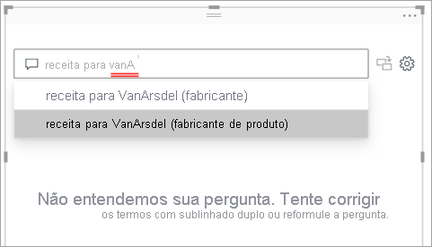 Captura de tela do campo de perguntas de P e R com palavras não reconhecidas sublinhadas em vermelho e perguntas sugeridas do Power BI.