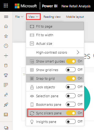 Captura de tela da seleção Sincronizar segmentações no serviço do Power BI.