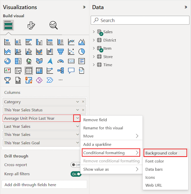 Captura de tela que mostra como abrir o menu de formatação condicional para uma coluna selecionada no painel Visualizações.