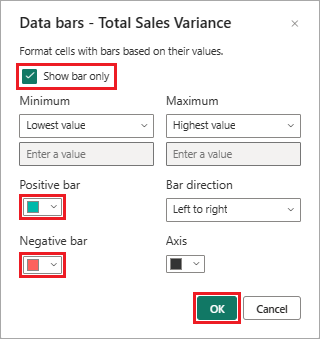 Captura de tela que mostra como configurar barras de dados para uma coluna de tabela selecionada.