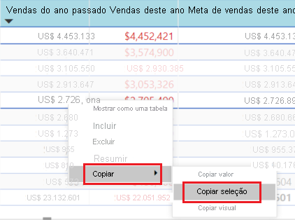 Captura de tela que mostra como copiar vários valores de célula ao mesmo tempo para usar em outros aplicativos.