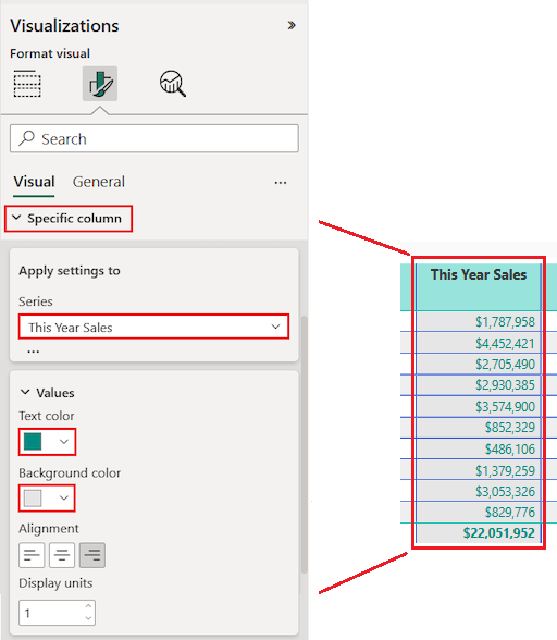 Captura de tela que mostra como selecionar uma coluna específica para atualizar as opções de formatação.