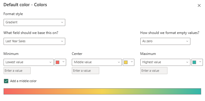 Screenshot of the Default colors conditional formatting screen.