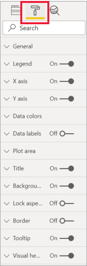 Captura de tela mostrando o painel Visualização com o ícone Formatar selecionado.