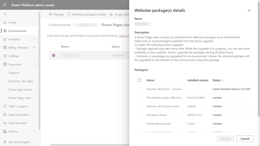 Detalhes dos pacotes do portal, como nome, versão e status de instalação